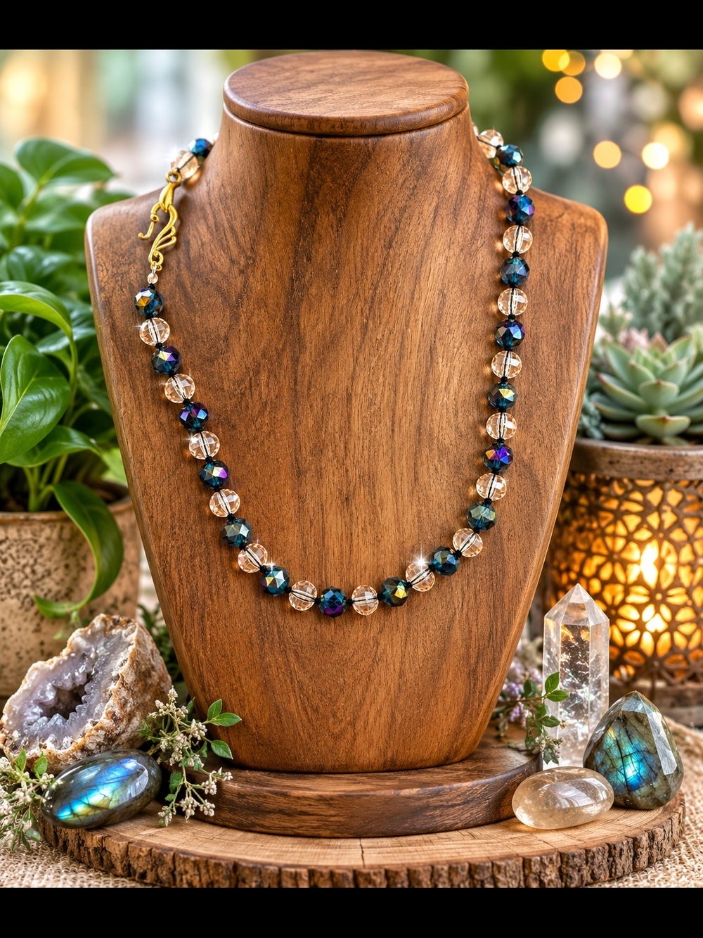 Hand Knotted Blue & Champagne Crystal Bead Necklace